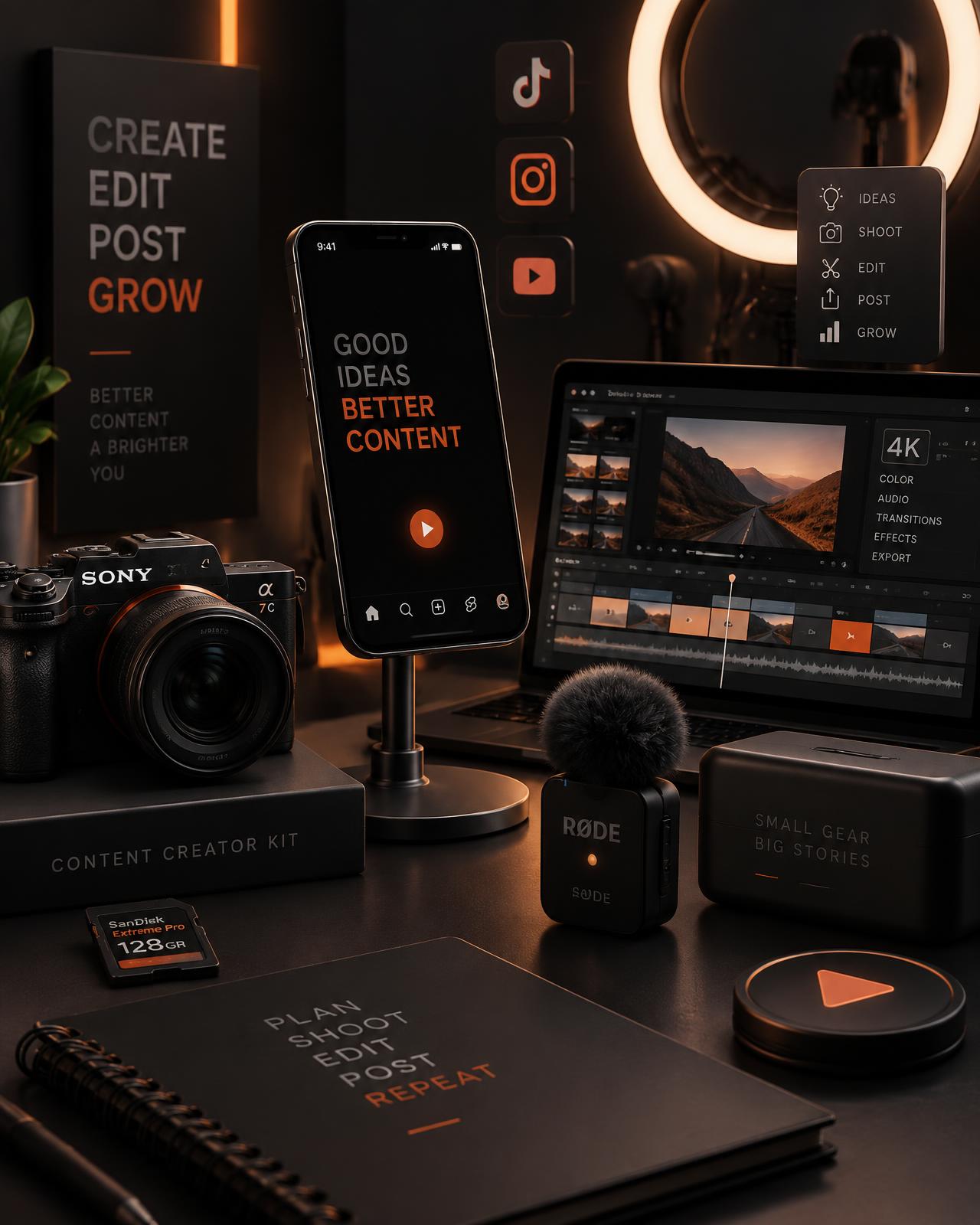 Setup profissional de criação de conteúdo com smartphone, câmera, ring light e elementos de edição de vídeo